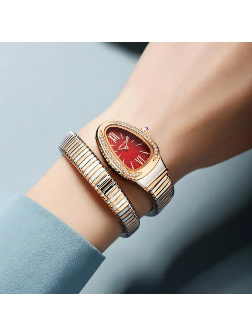 Women's Rose Red Silver Elegant Wrap Around Bangle Fashion Snake Cuff Wristwatch